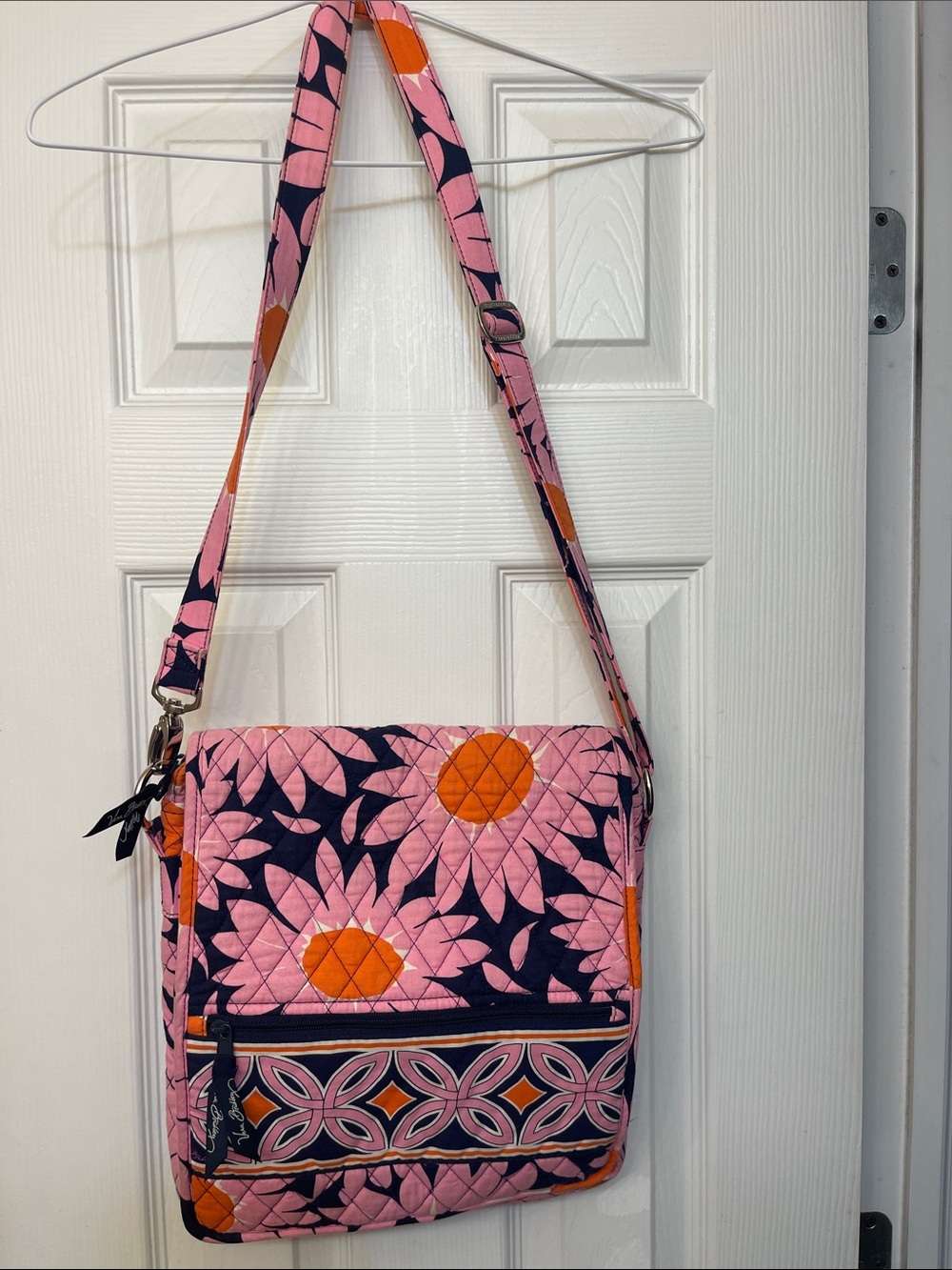 Pink Floral Quilted Crossbody Bag with Navy & Orange Accents